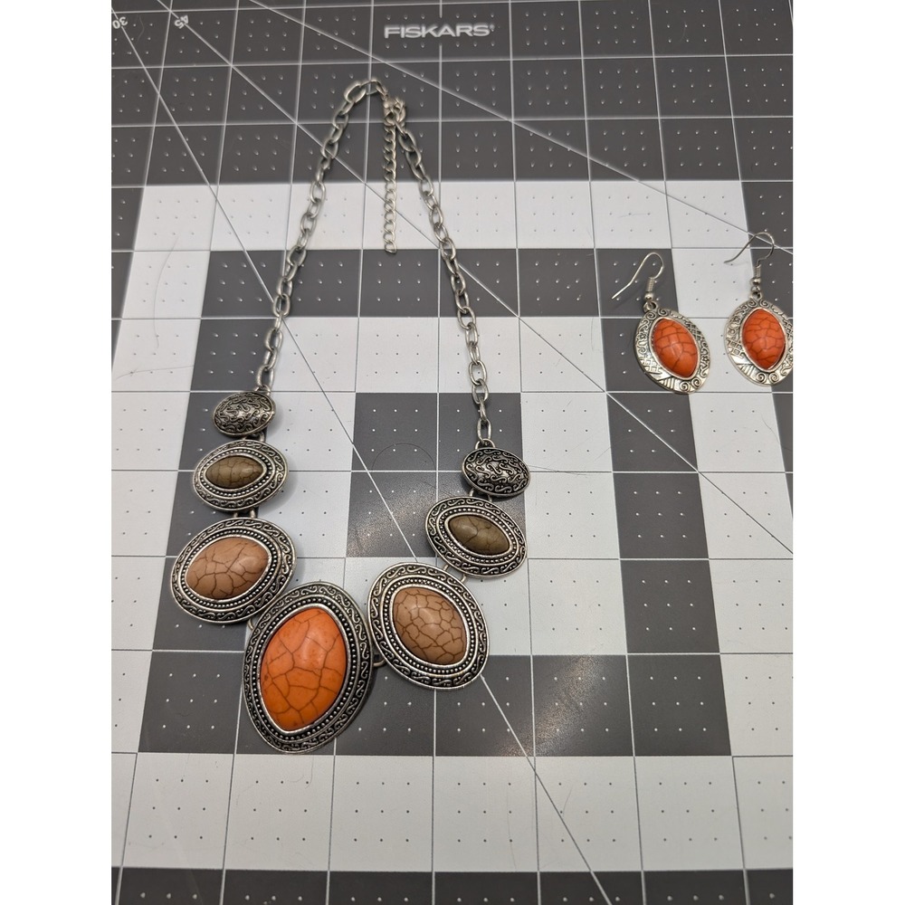 Silver‎ Tone Faux Turquoise Statement Necklace and Earring Set Orange Tan Boho
